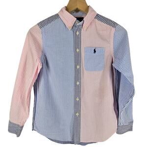 POLO RALPH LAUREN BOYS SEERSUCKER DRESS SHIRT SIZE M (10–12) PINK & BLUE STRIPES